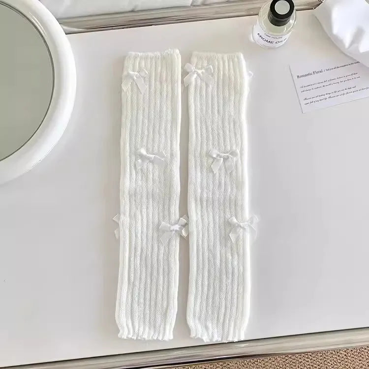 Bow Knitted Leg Warmers Multiple Styles Cozy - Neighborhood Dancewear White
