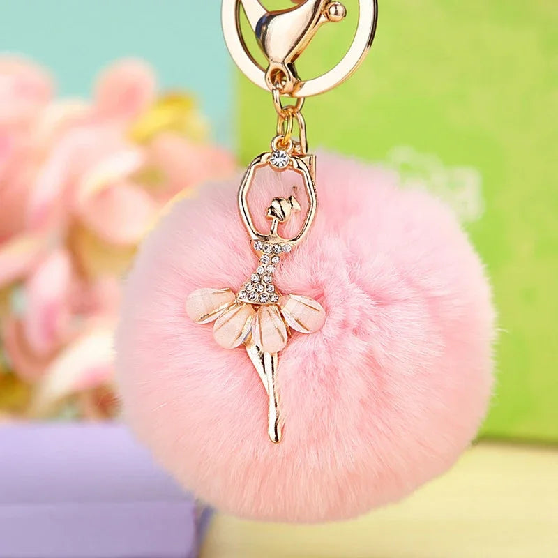 Fashion Rhinestone Ballet Dancer  Plush Ball Keychain