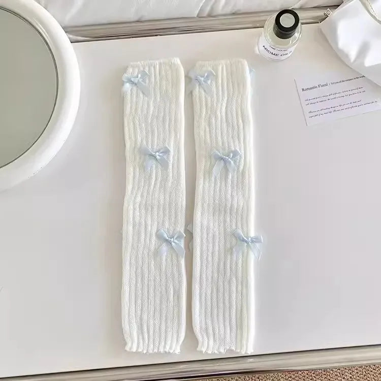 Bow Knitted Leg Warmers Multiple Styles Cozy - Neighborhood Dancewear White Blue