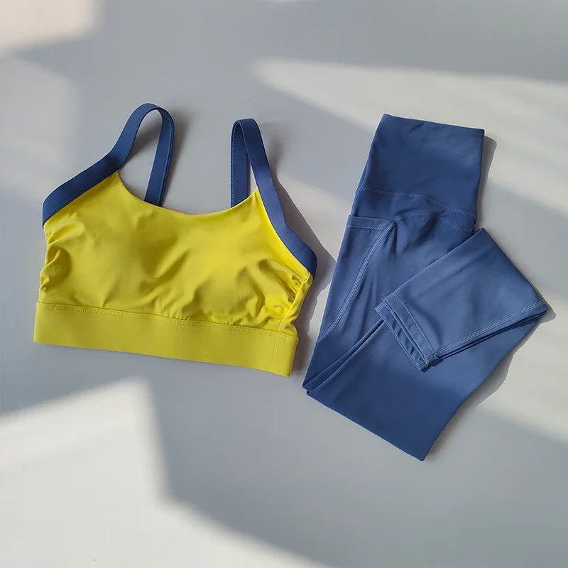 Color Blocking Cross Back Bra and Leggings With Pockets Set - Neighborhood Dancewear