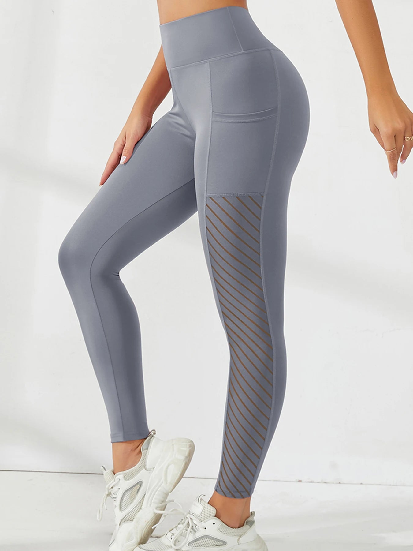 Women's Side Mesh Leggings With Pockets - Grey Gray