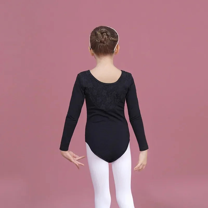 Girls Lace Long Sleeve Dance Leotard In Multiple Colors - Neighborhood Dancewear Black
