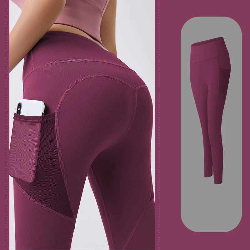 Women's Leggings with Mesh Side Pockets Stretchy - Red Purple Burgandy