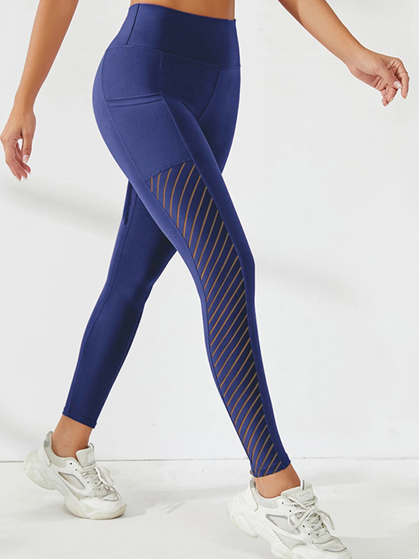 Women's Side Mesh Leggings With Pockets - Navy Blue