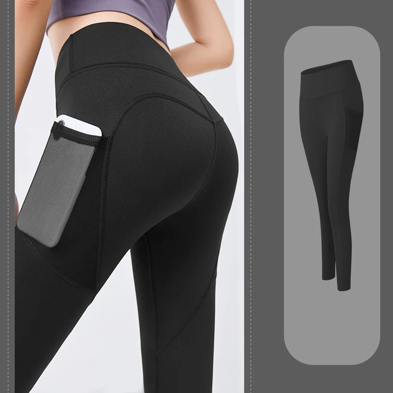 Women's Leggings with Mesh Side Pockets Stretchy - Black