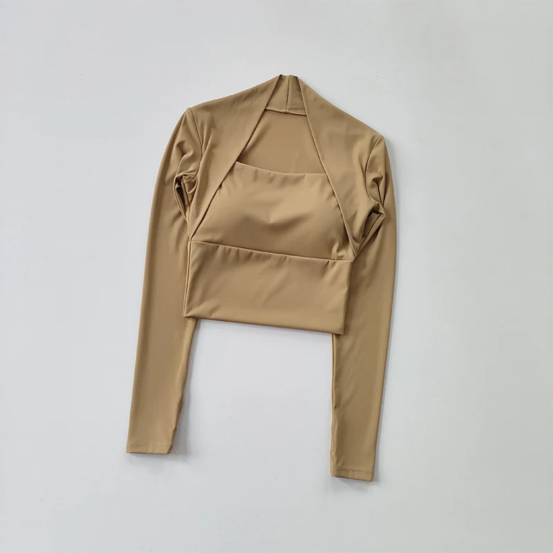 Women's Long Sleeve Yoga Shirt Stretchy Fabric - Neighborhood Dancewear Tan