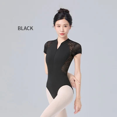 Women's Front Zipper Lace Leotard In Grey Or Black - Neighborhood Dancewear