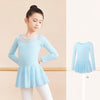 Girls Long Sleeve Leotard With Mesh Top And Attached Skirt - Light Blue