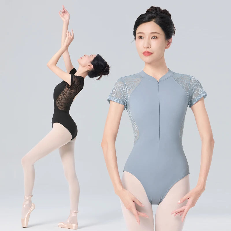 Women's Front Zipper Lace Leotard In Grey Or Black - Neighborhood Dancewear