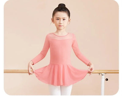 Girls Long Sleeve Leotard With Mesh Top And Attached Skirt - Pink