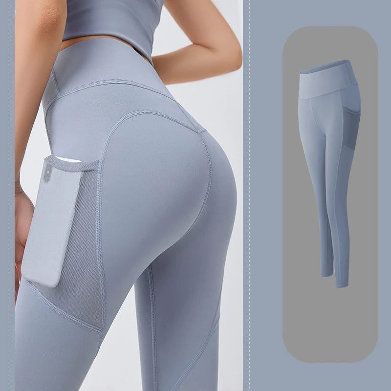 Women's Leggings with Mesh Side Pockets Stretchy - Light Blue Grey Gray