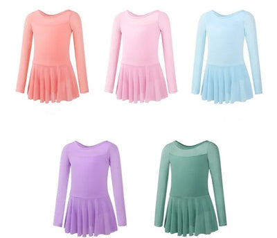 Girls Long Sleeve Leotard With Mesh Top And Attached Skirt - Neighborhood Dancewear