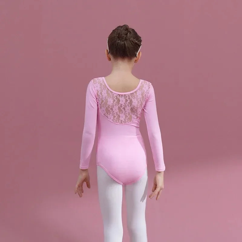 Girls Lace Long Sleeve Dance Leotard In Multiple Colors - Neighborhood Dancewear Pink