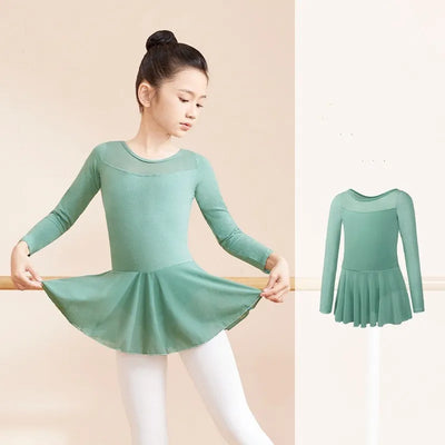 Girls Long Sleeve Leotard With Mesh Top And Attached Skirt - Green