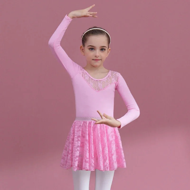 Girls Lace Long Sleeve Dance Leotard In Multiple Colors - Neighborhood Dancewear Pink