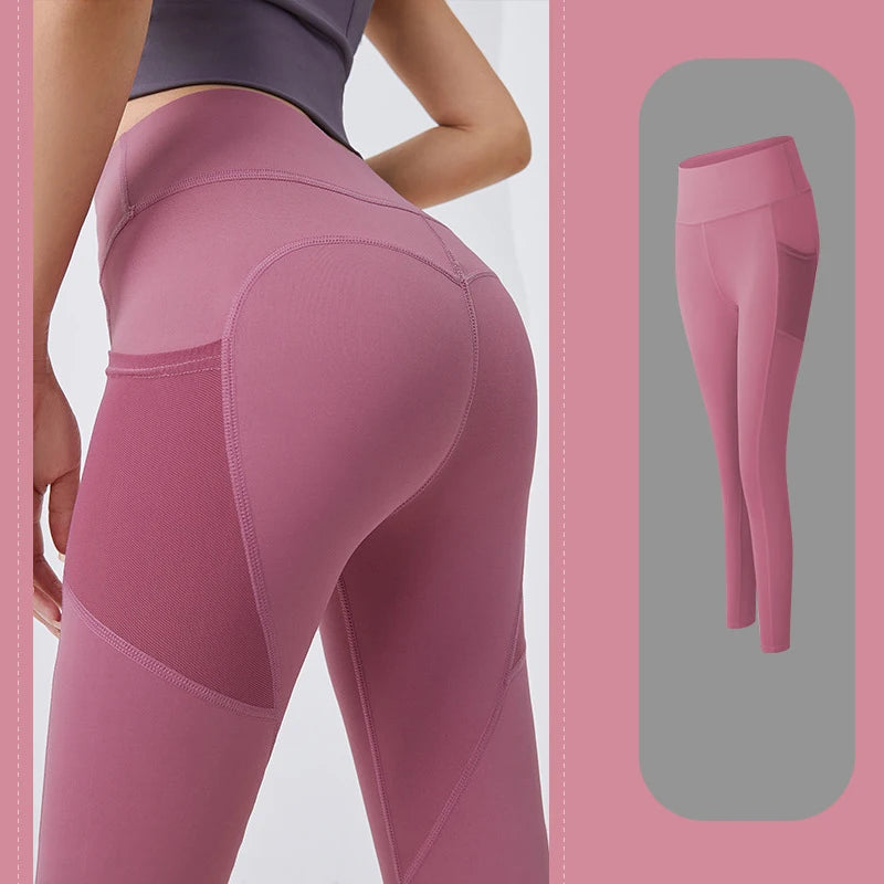 Women's Leggings with Mesh Side Pockets Stretchy - Pink