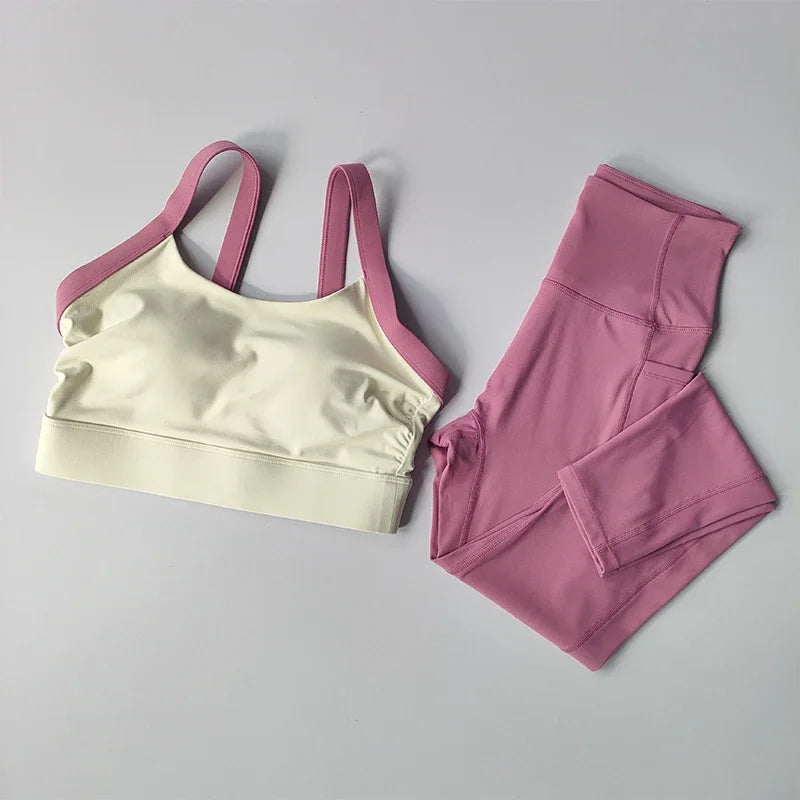 Color Blocking Cross Back Bra and Leggings With Pockets Set - Neighborhood Dancewear