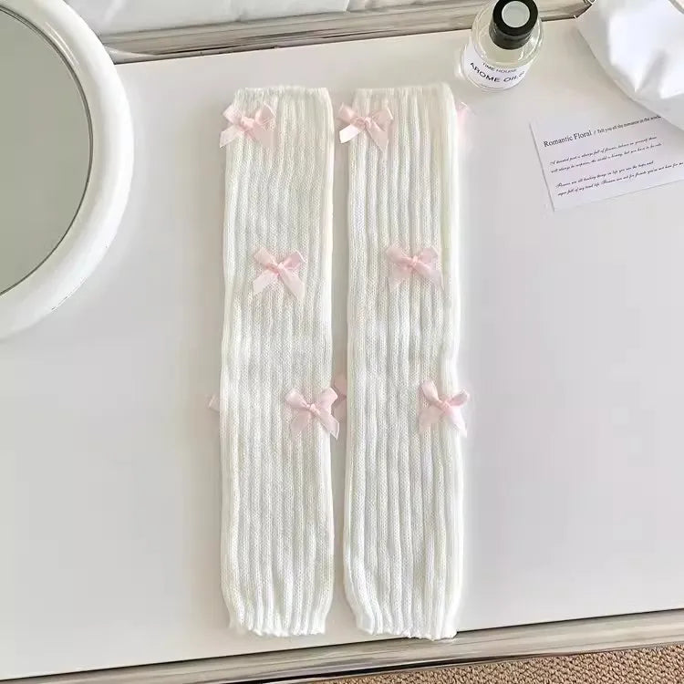 Bow Knitted Leg Warmers Multiple Styles Cozy - Neighborhood Dancewear White