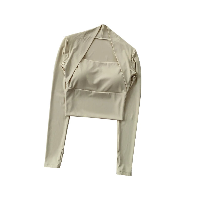 Women's Long Sleeve Yoga Shirt Stretchy Fabric - Neighborhood Dancewear Light Tan
