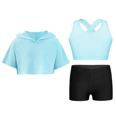 Bra Shorts Hoodie Set For Girls In Multiple Colors - Light Blue