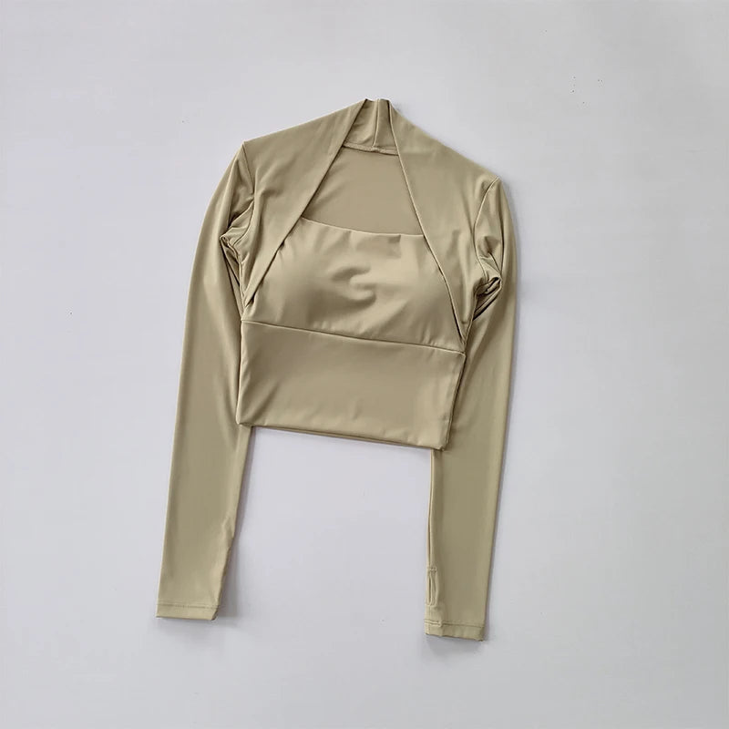 Women's Long Sleeve Yoga Shirt Stretchy Fabric - Neighborhood Dancewear Tan