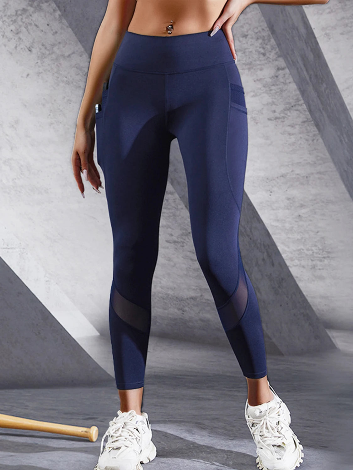 Mesh Panel Leggings With Pockets for Women - Navy Blue
