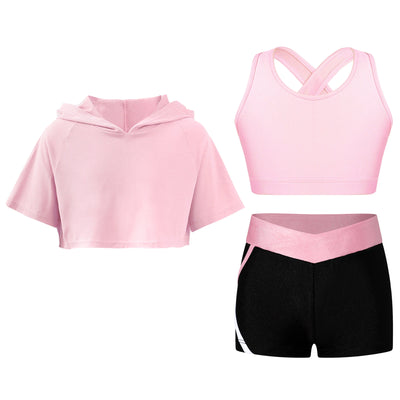 Bra Shorts Hoodie Set For Girls In Multiple Colors - Pink