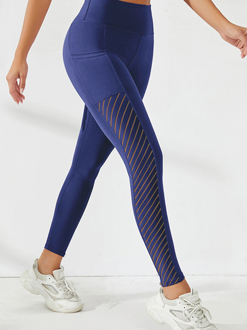 Women's Side Mesh Leggings With Pockets - Navy Blue