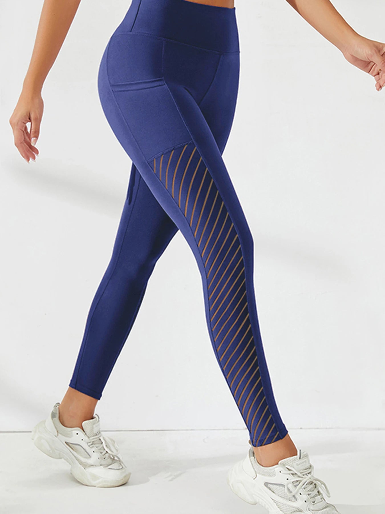 Women's Side Mesh Leggings With Pockets - Navy Blue